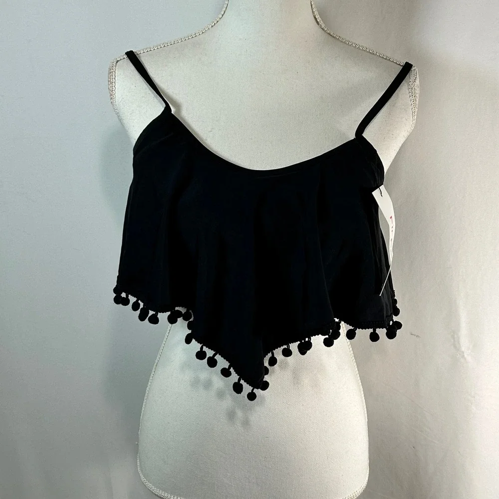 Firepearl Black Pom Pom Ruffle Crop‎ Top Bikini Swim Top Beach Resort Small